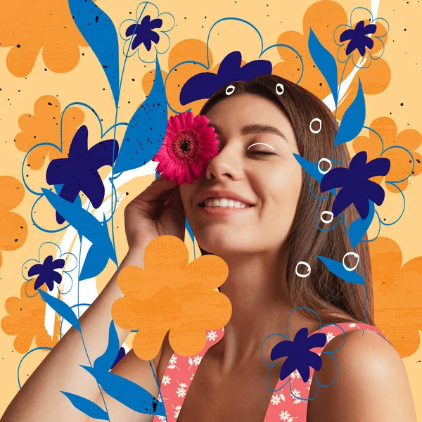 Bright artwork. Beautiful romantic girl on drawn colorful floral background. Contemporary collage. Magazine cover design. — 图库照片