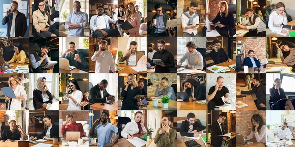 Collage hecho de retratos de personas multiétnicas, hombres de negocios en el área de oficinas, en el interior. Negocios, educación, trabajo en equipo, trabajo, finanzas, concepto de tecnología. — Foto de Stock