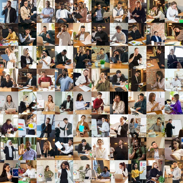 Collage aus Porträts multiethnischer Menschen, Geschäftsleute im Bürobereich, drinnen. Wirtschaft, Bildung, Teamarbeit, Arbeit, Finanzen, Technologiekonzept. — Stockfoto