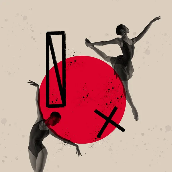 Tenderness. Contemporary art collage of young ballerina performing isolated over gray background with black and red geometric figures — Stockfoto