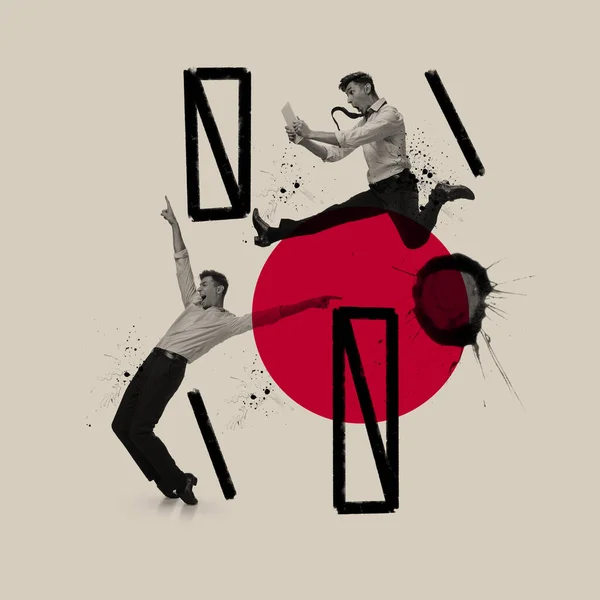 Contemporary art collage. Young happy and excited man jumping, dancing isolated over gray background with drawn geometric elements — Foto Stock