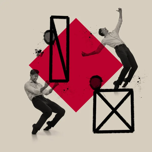 Творческий красочный дизайн. Молодой человек, балет, созерцание танцовщицы в движении, показывая волнительные изолированные на сером фоне — стоковое фото