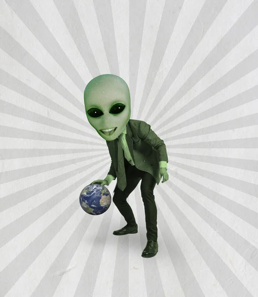 Cute smiling green alien with human body playing basketball. Contemporary art collage. — Stock Photo, Image