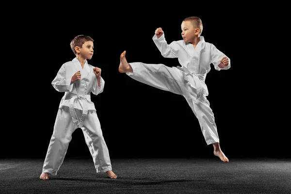 Två små barn, pojkar, taekwondo idrottare tränar tillsammans isolerade över mörk bakgrund. Begreppet idrott, utbildning, färdigheter — Stockfoto