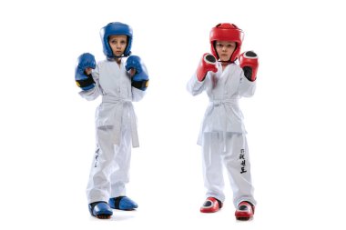 İki küçük çocuğun stüdyo fotoğrafı, çocuklar, tekvando atletleri beyaz arka planda izole edilmiş doboks ve spor üniformaları giyiyorlar..