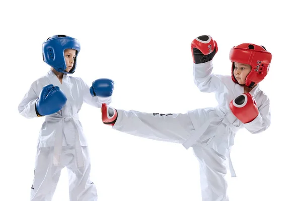 Estúdio tiro de duas crianças, meninos, atletas taekwondo vestindo doboks e uniformes esportivos isolados em fundo branco. — Fotografia de Stock