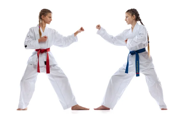 Dynamisch portret van jonge meisjes, tieners, taekwondo atleten die samen oefenen geïsoleerd over een witte achtergrond. Begrip sport, onderwijs, vaardigheden — Stockfoto