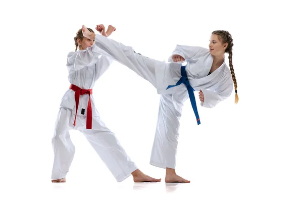 Chicas jóvenes deportivas, adolescentes, atletas taekwondo entrenando juntos aislados sobre fondo blanco. Concepto de deporte, educación, habilidades — Foto de Stock