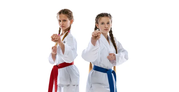 Közelkép fiatal lányok, tizenévesek, taekwondo sportolók együtt gyakorolnak elszigetelten fehér háttérrel. A sport, az oktatás és a készségek fogalma — Stock Fotó