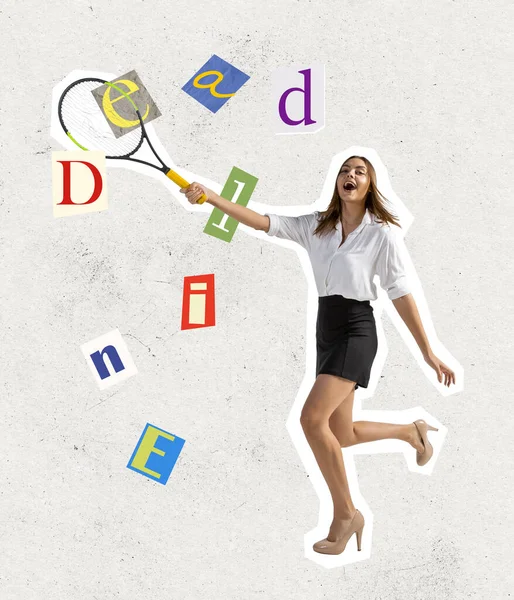 Stay motivated. Young happy girl, manager, finance analyst in office attire playing tennis isolated on light background. Art collage — Stock Photo, Image