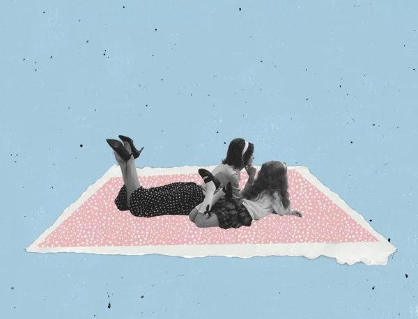 Contemporary art collage. Young woman and little girl lying on pink paper carpet isolated over blue background — Fotografia de Stock
