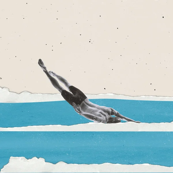 Colagem de arte contemporânea. Jovem esportivo mergulhando em água rasgada de papel isolado sobre fundo pastel com efeito de poeira — Fotografia de Stock