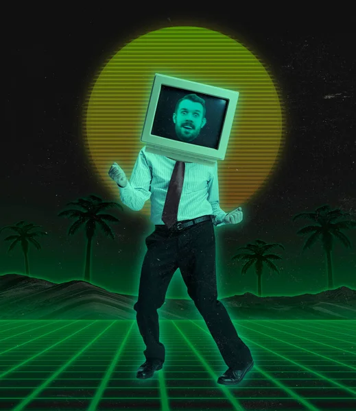 Contemporary atr collage. Man in official suit with retro computer instead head dancing isolated over green background in neon — Stock Fotó