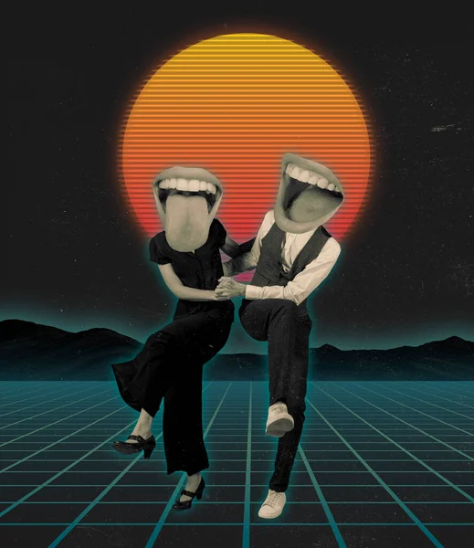 Collage zeitgenössischer Kunst. Paar, Mann und Frau mit großen offenen Mündern statt Köpfen führen Retro-Tanz auf — Stockfoto