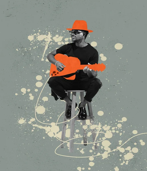 Collage zeitgenössischer Kunst. Retro-Stil. Junger Mann, modischer Hipster, der vor grauem Hintergrund isoliert Gitarre spielt — Stockfoto