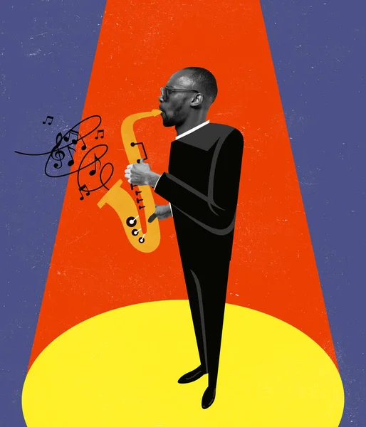 Contemporary art collage, modern design. Retro style. Stylish hipster, man playing saxophone on multicolored background — 图库照片