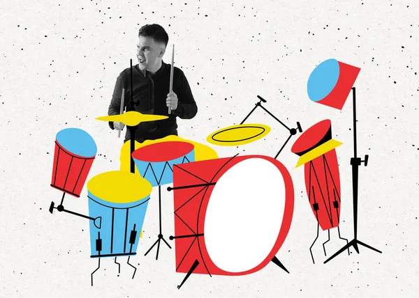 Contemporary art collage of young man playing colorful drawn drums isolated over white background — Foto Stock