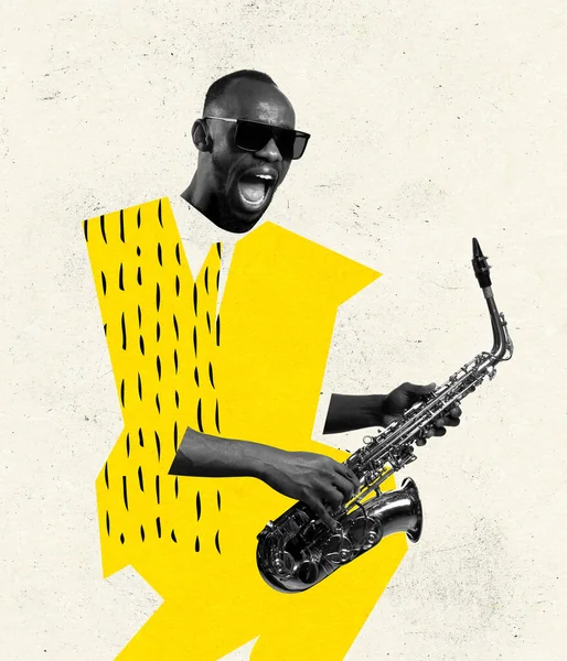 Creative design. Conteporary art collage of young stylish african man playing saxophone isolated over light background — ストック写真