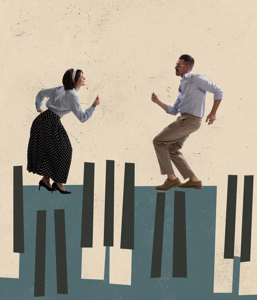 Retro design. Contemporary art collage of couple dancing on piano keys isolated over beige background — ストック写真