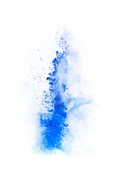 Explosion de bleu, couleur marine, fluide et poudre néonisée sur fond de studio blanc avec espace de copie — Photo