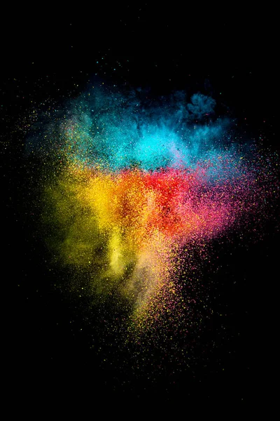 Explosion of colored, fluid and neoned powder on black studio background with copy space. Magazine cover, wallpaper design — Zdjęcie stockowe