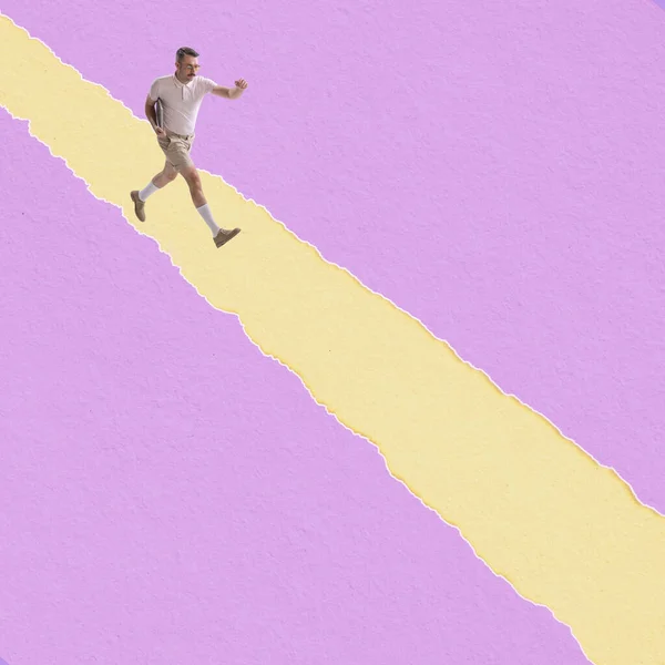 Young man wearing retro style clothes isolated on yellow purple background. Contemporary art collage. — Stock Fotó