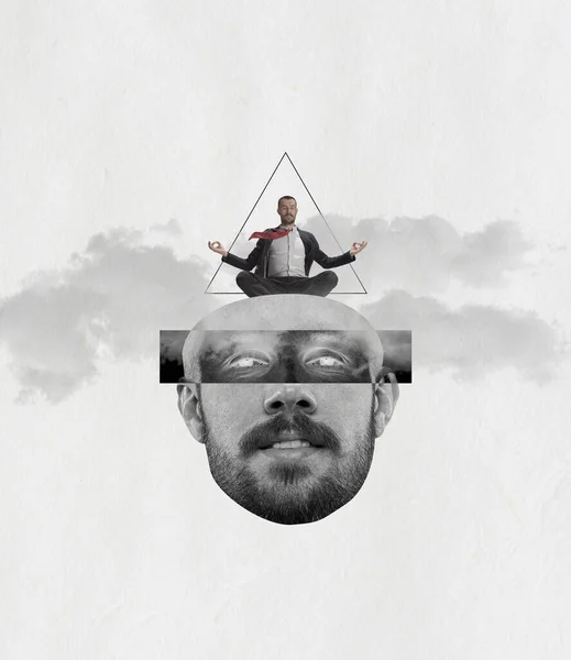 Modern design, contemporary art collage. Inspiration, idea, trendy urban magazine style. Surrealism. Man and male head in clouds — Stock Photo, Image
