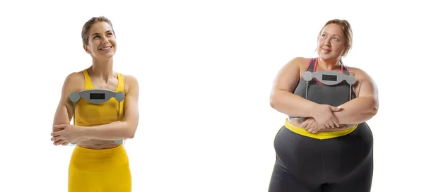 Junge schlanke Mädchen und Plus-Size-Frau in Sportuniform isoliert auf weißem Hintergrund. Konzept für gesunden Lebensstil, Fitness, Sport, Ernährung und Gewichtsabnahme. — Stockfoto