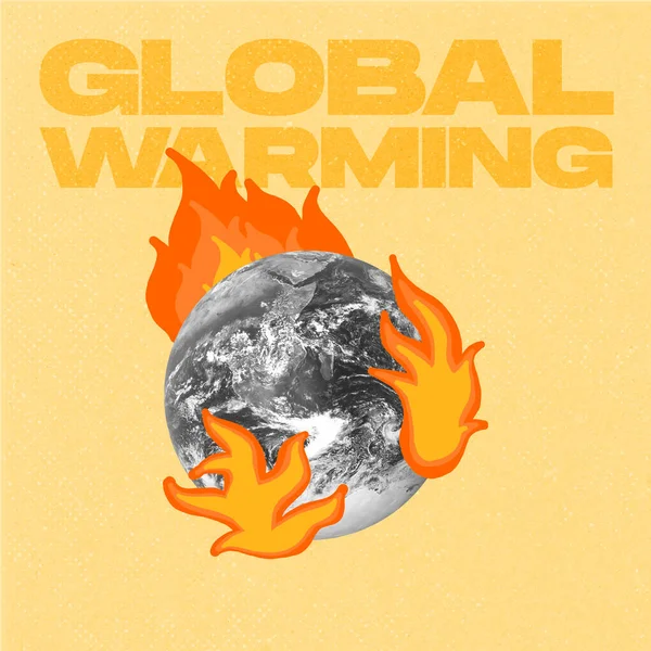 Hedendaagse kunst collage. De planeet staat in brand. Idee, inspiratie, milieubesparing, ecologie, eco, opwarming van de aarde klimaat. — Stockfoto