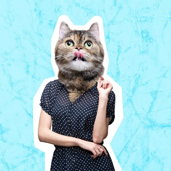 Hedendaags kunstwerk, conceptuele collage. Jonge vrouw met kattenkop geïsoleerd op blauwe neon achtergrond. Trendy kleuren. — Stockfoto