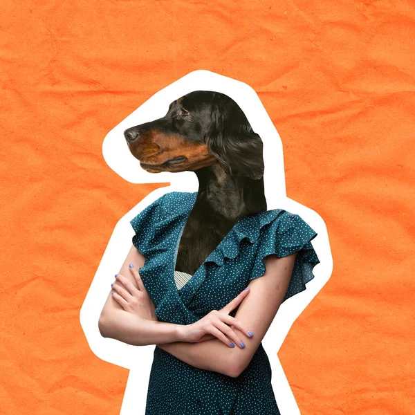 Obra de arte contemporáneo, collage conceptual. Mujer encabezada por cabeza de perro. Colores de moda. Concepto de moda — Foto de Stock