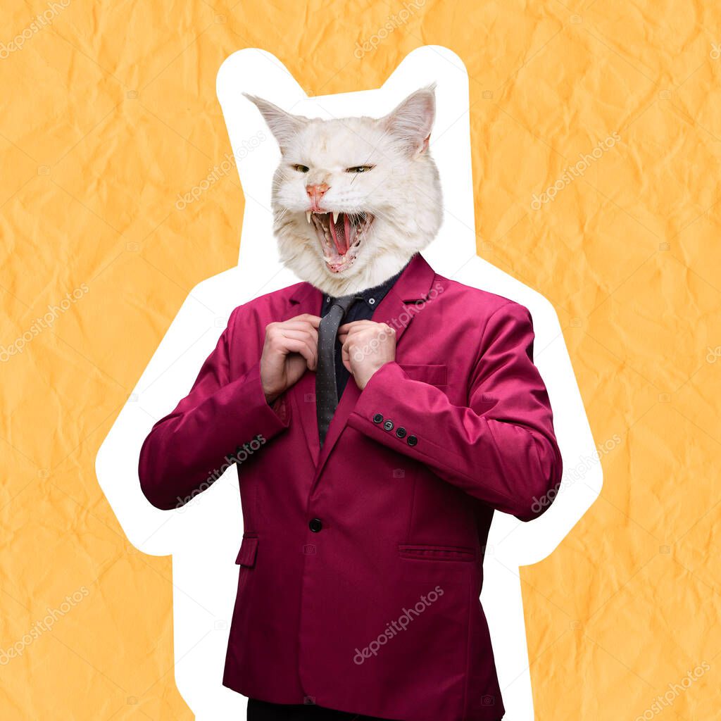 Contemporary artwork, conceptual collage. Stylish man in marsala color jacket headed by cat head. Trendy colors.