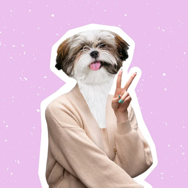 Obra de arte contemporáneo, collage conceptual. Lindo perro con cuerpo femenino aislado sobre fondo rosa. Colores de moda. Concepto de moda — Foto de Stock