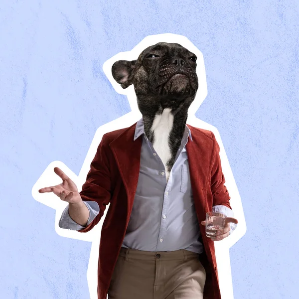 Współczesna sztuka, konceptualny kolaż. Człowiek na czele z psią głową. Modne kolory. — Zdjęcie stockowe