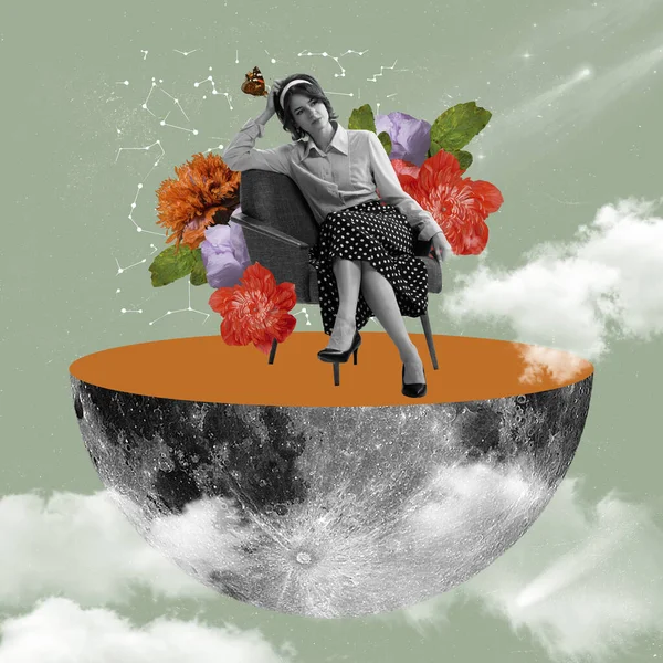 Hedendaagse kunst collage, modern design. Abstracte aardbol en vrouw als symbool van de mensen op de planeet. Een idee. verbeelding, creativiteit — Stockfoto