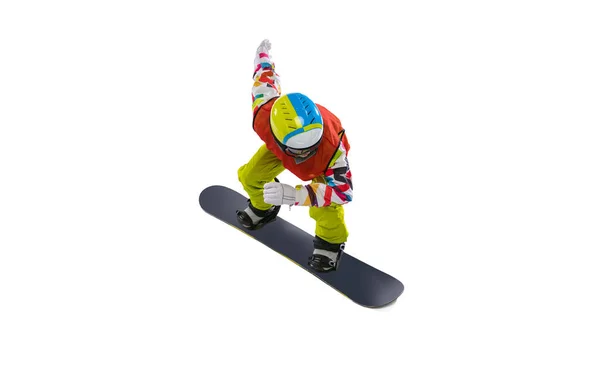 Retrato de jovem mulher em sportswear brilhante, óculos e capacete snowboard isolado no fundo do estúdio branco. Conceito de esportes de inverno — Fotografia de Stock