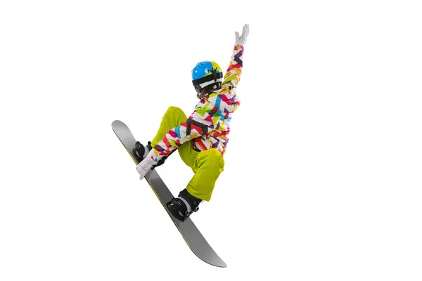 Portrait of young woman in bright sportswear, goggles and helmet snowboarding isolated on white studio background. Concept of winter sports — 图库照片