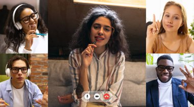 Çevrimiçi dersteki beş öğrenciden oluşan bir grup, grup üzerinden yapılan video konferans, insanlar beyin fırtınası ile ilgili fikirleri paylaşıyor. Kolaj