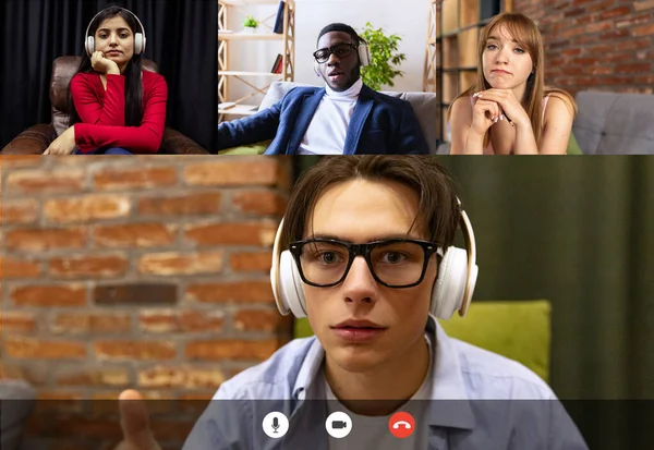 Travail d'équipe, étudiants à la leçon en ligne, classe par appel vidéo de groupe, les gens partagent des idées brainstorming utiliser la vidéoconférence. Collage — Photo