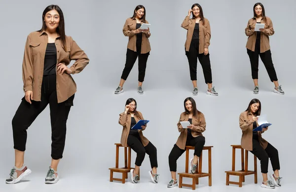 Set of images of young woman in casual style wear on grey background. Body positive, equality, feminism concept — Photo
