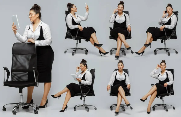 Set of images of young woman in office style wear on light background. Body positive, equality, feminism concept — Stock Fotó