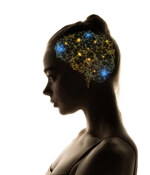 Conceptual image with silhouette of young girl with neon drawings of brain in her head. Artwork. Artificial intelligence concept — Stockfoto