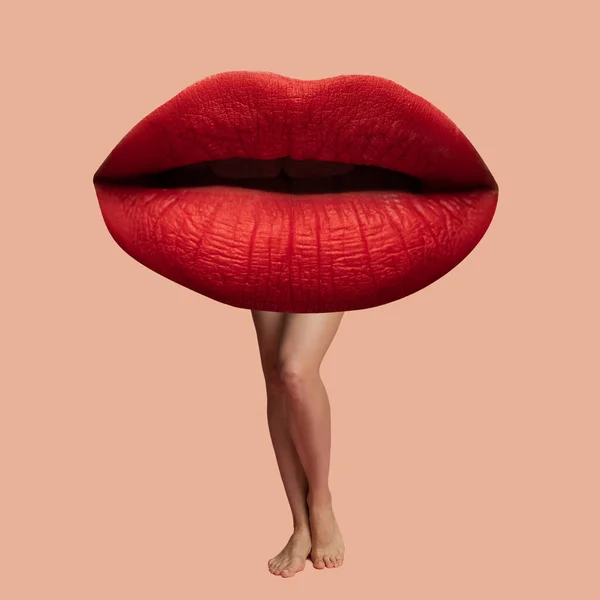 Modern design, contemporary art collage. Inspiration, idea, trendy urban magazine style. Big female mouth with bright red lipstick on female legs — Φωτογραφία Αρχείου