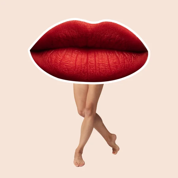 Modern design, contemporary art collage. Inspiration, idea, trendy urban magazine style. Big female mouth with bright red lipstick on female legs — Φωτογραφία Αρχείου