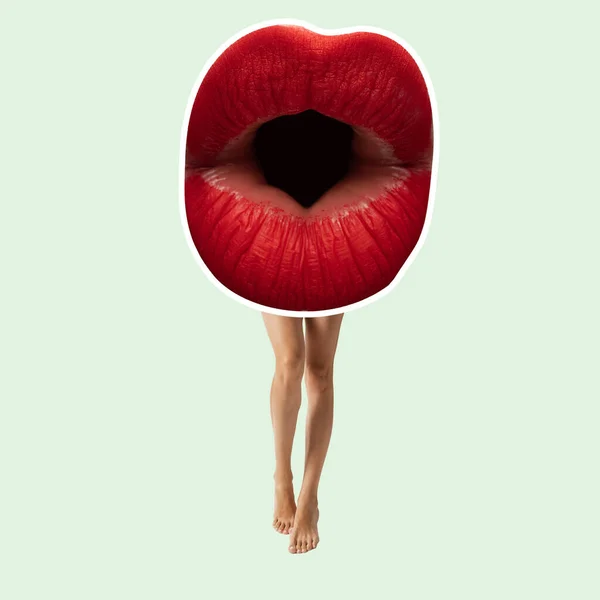 Modern design, contemporary art collage. Inspiration, idea, trendy urban magazine style. Big female mouth with bright red lipstick on female legs — Φωτογραφία Αρχείου