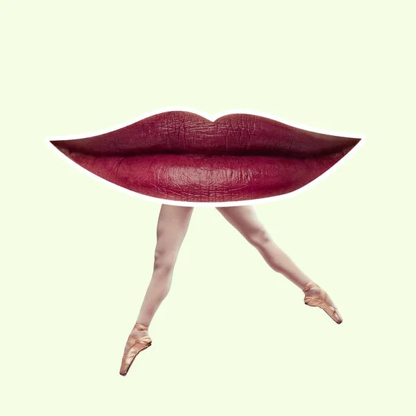 Contemporary art collage. Inspiration, idea, trendy urban magazine style. Big female mouth with bright red lipstick on ballerinas legs — Fotografia de Stock