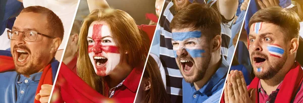Set of emotive male and female football, soccer fans from different countries cheering their teams at stadium. Concept of sport, emotions — Stock fotografie