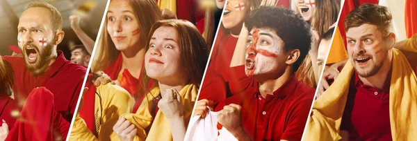 Set of emotive male and female football, soccer fans from different countries cheering their teams at stadium. Concept of sport, emotions — Stock fotografie