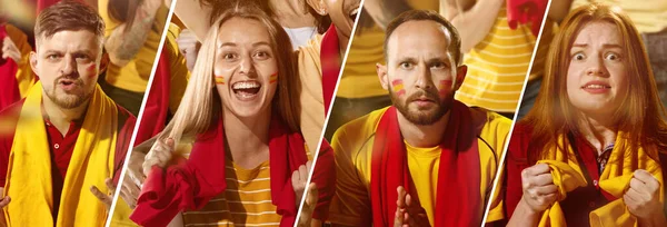 Fútbol emotivo español, aficionados al fútbol animando a su equipo con una bufanda roja en el estadio. Concepto de deporte, emociones, evento en equipo, competencia. — Foto de Stock