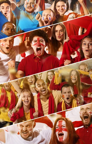 Set of emotive male and female football, soccer fans from different countries cheering their teams at stadium. Concept of sport, emotions — Fotografia de Stock